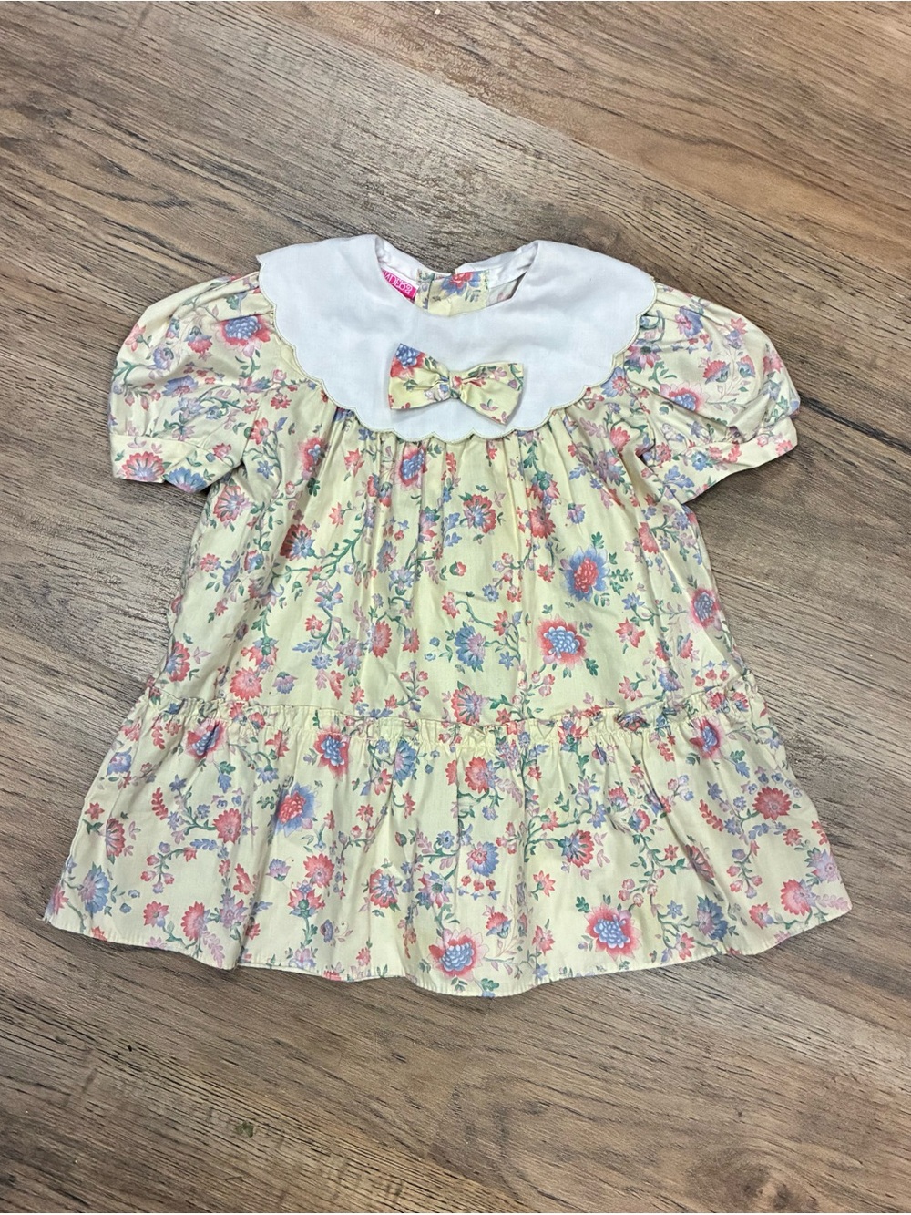 VTG Polly Flinders Girls Yellow Floral A-Line Dress 2T Puff Sleeve Collar Bow